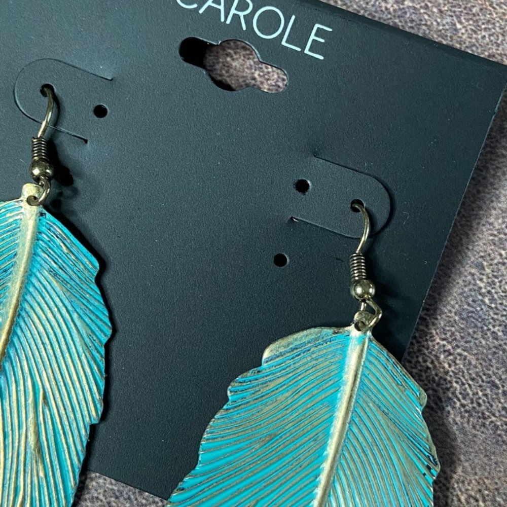 Goldtone Patina Leaf Drop Earrings - Picture 3 of 9